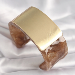 Mey İthalat® Kahverengi Mermer Desen Akrilik Platik Gold Dikdörtgen Plaka Model Vintage Kadın Bilezik