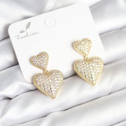 Mey İthalat® Kalp Model Zirkon Taşlı Gold Renk Pirinç Kadın Küpe