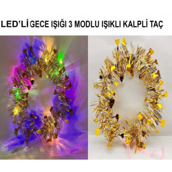 Mey İthalat® Kalp Püsküllü Gece Parıltısı 3 Modlu LED li Işıklı Taç Altın Renk