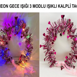 Mey İthalat® Kalp Püsküllü Gece Parıltısı 3 Modlu LED li Işıklı Taç Fuşya Renk