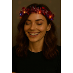 Mey İthalat® Kalp Püsküllü Gece Parıltısı 3 Modlu LED'li Işıklı Taç Kırmızı Renk