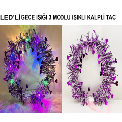 Mey İthalat® Kalp Püsküllü Gece Parıltısı 3 Modlu LED li Işıklı Taç Mor Renk