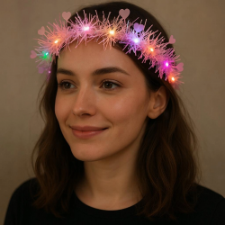 Mey İthalat® Kalp Püsküllü Gece Parıltısı 3 Modlu LED'li Işıklı Taç Pembe Renk