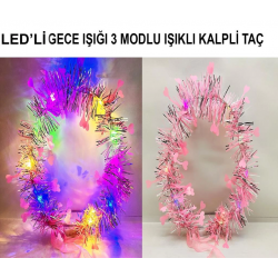 Mey İthalat® Kalp Püsküllü Gece Parıltısı 3 Modlu LED li Işıklı Taç Pembe Renk