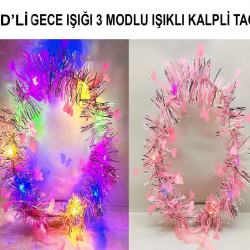 Mey İthalat® Kalp Püsküllü Gece Parıltısı 3 Modlu LED li Işıklı Taç Pembe Renk