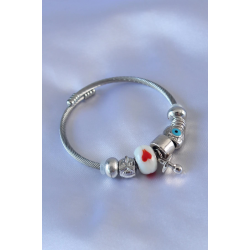 Mey İthalat® Kalp ve Nazar Boncuk Detaylı Charm Kadın Bileklik