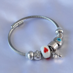Mey İthalat® Kalp ve Nazar Boncuk Detaylı Charm Kadın Bileklik