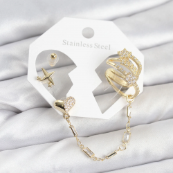 Mey İthalat® Kalp Yıldız Model Pirinç Gold Renk Zincir Bağlantılı Ear Cuff Küpe Seti