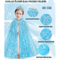 Mey İthalat® Karlar Ülkesi Elsa Frozen Mavi Pelerin – 80 cm Kar Desenli Çocuk Pelerini ( Taç Hariç )
