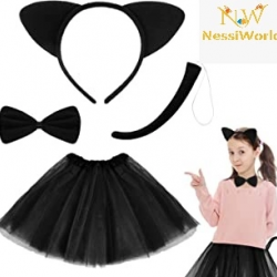 Mey İthalat® Kedi Eteği Tacı Kuyruğu ve Papyon Seti Siyah Renk Çocuk Boy