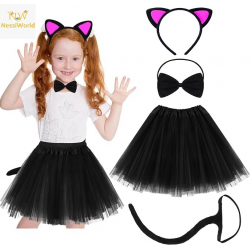 Mey İthalat® Kedi Kulak Taç Etek Kuyruk ve Papyon 4 lü Set Çocuk Fuşya