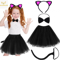 Mey İthalat® Kedi Kulak Taç Etek Kuyruk ve Papyon 4 lü Set Çocuk Fuşya