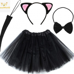 Mey İthalat® Kedi Kulak Taç Etek Kuyruk ve Papyon 4 lü Set Çocuk Pembe