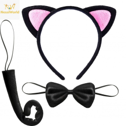 Mey İthalat® Kedi Kulak Taç Kuyruk ve Papyon 3 lü Set Çocuk Boy Pembe Renk