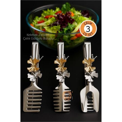 Mey İthalat® Kelebek Figürlü 3’lü Paslanmaz Çelik Servis Maşası Seti - Salata, Pasta ve Izgara Maşası
