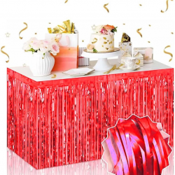 Mey İthalat® Kendinden Yapışkanlı Kırmızı Metalize Püsküllü Masa Eteği – 75 x 275 cm Parti Süslemesi