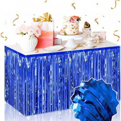 Mey İthalat® Kendinden Yapışkanlı Mavi Metalize Püsküllü Masa Eteği – 75 x 275 cm Parti Süslemesi