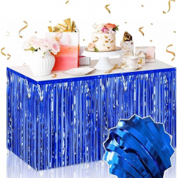 Mey İthalat® Kendinden Yapışkanlı Mavi Metalize Püsküllü Masa Eteği – 75 x 275 cm Parti Süslemesi