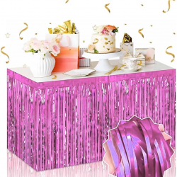 Mey İthalat® Kendinden Yapışkanlı Pembe Metalize Püsküllü Masa Eteği – 75 x 275 cm Parti Süslemesi