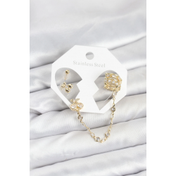Mey İthalat® Kiraz Model Pirinç Gold Renk Zincir Bağlantılı Ear Cuff Küpe Seti