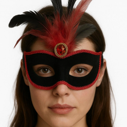 Mey İthalat® Kırmızı Dantelli Siyah Kırmızı Tüylü Siyah Süet Kaplama Parti Maskesi 17x25 cm