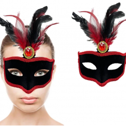 Mey İthalat® Kırmızı Dantelli Siyah Kırmızı Tüylü Siyah Süet Kaplama Parti Maskesi 17x25 cm