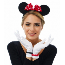 Mey İthalat® Kırmızı Fiyonklu Minnie Mouse Tacı ve Beyaz Eldiven Seti
