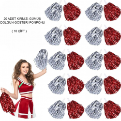 Mey İthalat® Kırmızı Gümüş Metalik Dolgun Gösteri Ponponu 20 Adet (10 Çift)