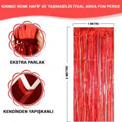 Mey İthalat® Kırmızı Renk Ekstra Metalize Parlak Saçaklı Arka Fon Perde İthal A Kalite 1x2 Metre