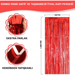 Mey İthalat® Kırmızı Renk Ekstra Metalize Parlak Saçaklı Arka Fon Perde İthal  1x2 Metre