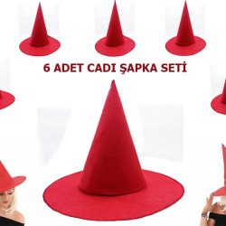 Mey İthalat® Kırmızı Renk Keçe Cadı Şapkası Yetişkin Çocuk Uyumlu 6 Adet