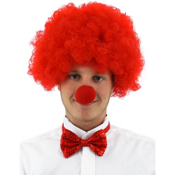 Mey İthalat® Kırmızı Renk Kıvırcık Afro Bonus Peruk Takma Saç ve Kırmızı Burun Seti