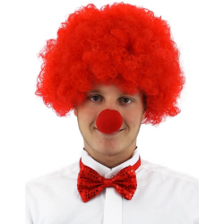 Mey İthalat® Kırmızı Renk Kıvırcık Afro Bonus Peruk Takma Saç ve Kırmızı Burun Seti