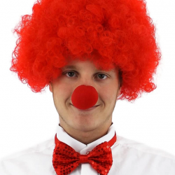 Mey İthalat® Kırmızı Renk Kıvırcık Afro Bonus Peruk Takma Saç ve Kırmızı Burun Seti