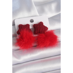 Mey İthalat® Kırmızı Renk Tüylü Yıldız Ponpon Model Kadın Küpe