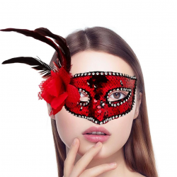 Mey İthalat® Kırmızı Renk Yandan Tüylü Güllü Gümüş Taşlı Pullu Maske 20x22 cm