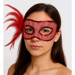 Mey İthalat® Kırmızı Renk Yandan Tüylü Pul Payet İşlemeli Parti Maskesi 23x12 cm