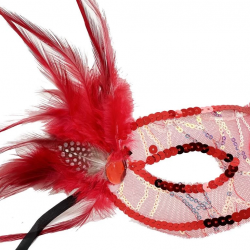 Mey İthalat® Kırmızı Renk Yandan Tüylü Pul Payet İşlemeli Parti Maskesi 23x12 cm