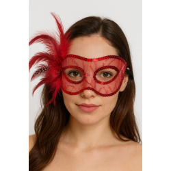 Mey İthalat® Kırmızı Renk Yandan Tüylü Pul Payet İşlemeli Parti Maskesi 23x12 cm