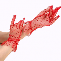 Mey İthalat® Kısa Boy Güpürlü Kırmızı Puantiyeli Tül Eldiven Kırmızı Renk