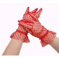 Mey İthalat® Kısa Boy Güpürlü Kırmızı Puantiyeli Tül Eldiven Kırmızı Renk