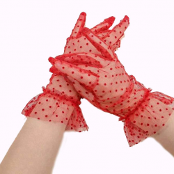 Mey İthalat® Kısa Boy Güpürlü Kırmızı Puantiyeli Tül Eldiven Kırmızı Renk