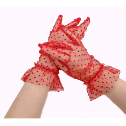 Mey İthalat® Kısa Boy Güpürlü Kırmızı Puantiyeli Tül Eldiven Kırmızı Renk