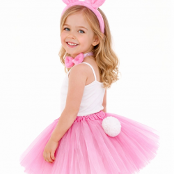Mey İthalat® Kız Çocuk Tamamen Pembe Tavşan Kulaklı Kostüm Seti – Tütü Etekli 4 Parça