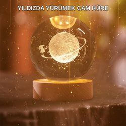 Mey İthalat® Kız Figürlü Sarı Cam Küre Işıklı Büyük Boy Ahşap Standlı Dekor