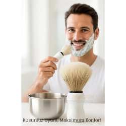 Mey İthalat® Klasik Tıraş Seti – Beyaz Saplı Fırça & 304 Paslanmaz Çelik Tıraş Tası