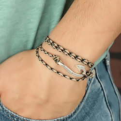 Mey İthalat® Krem Renk Çizgi Desenli Metal Kancalı Erkek Bileklik