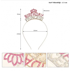 Mey İthalat® Kristal Taşlı Pembe Birthday Princess Yazılı Parti Tacı 19x11 cm