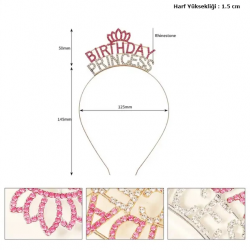 Mey İthalat® Kristal Taşlı Pembe Birthday Princess Yazılı Parti Tacı 19x11 cm