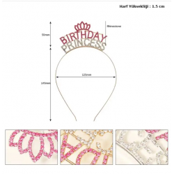 Mey İthalat® Kristal Taşlı Pembe Birthday Princess Yazılı Parti Tacı 19x11 cm